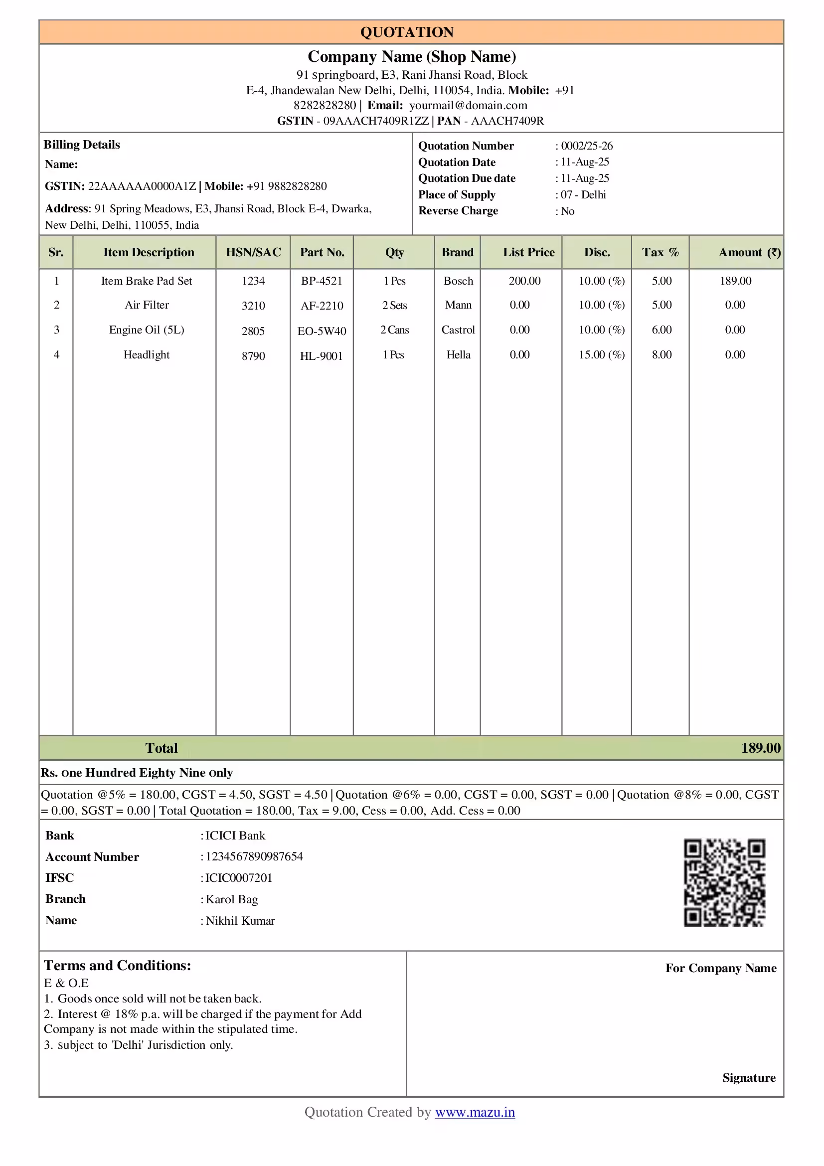 Automobile Quotation Template