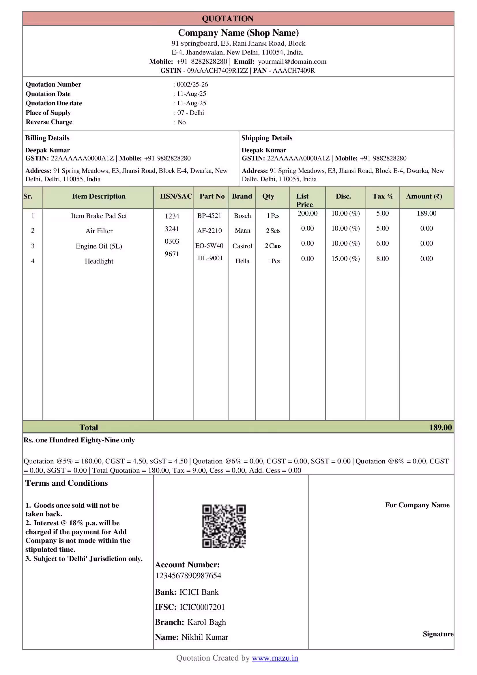 Automobile Quotation Template