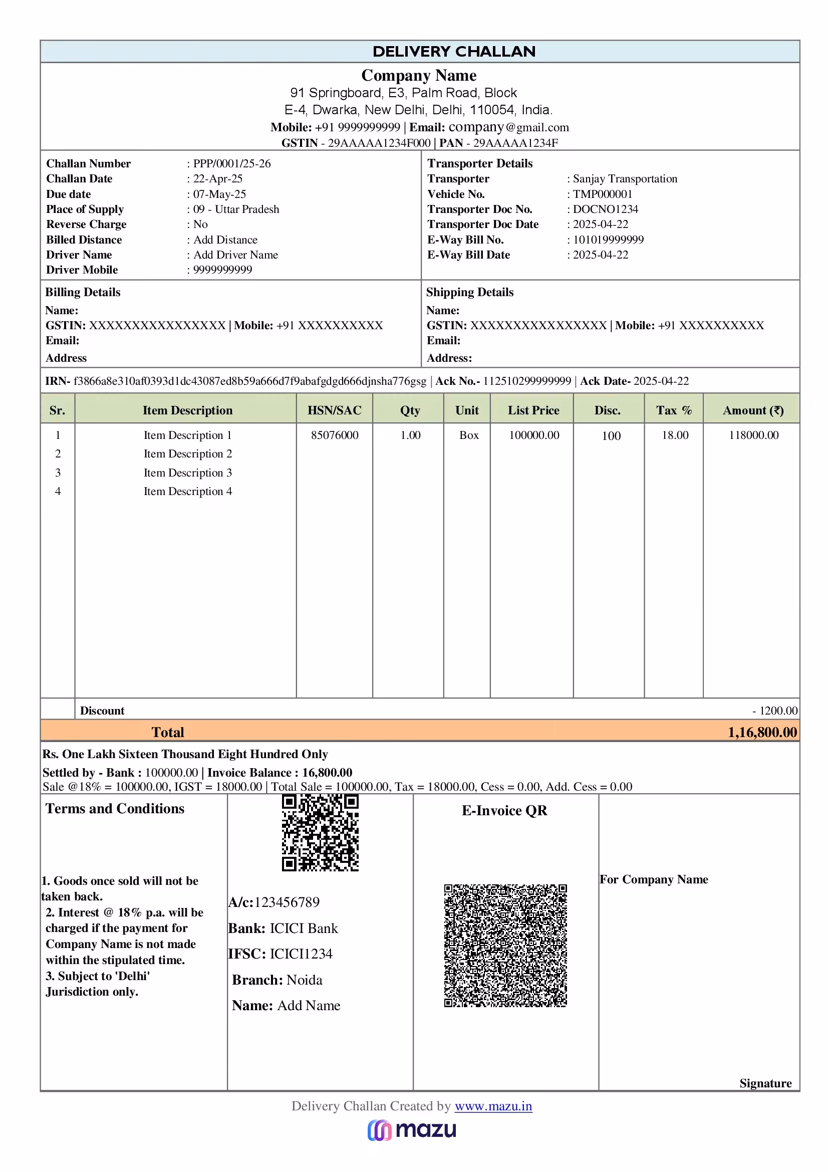 Delivery Challan Format
