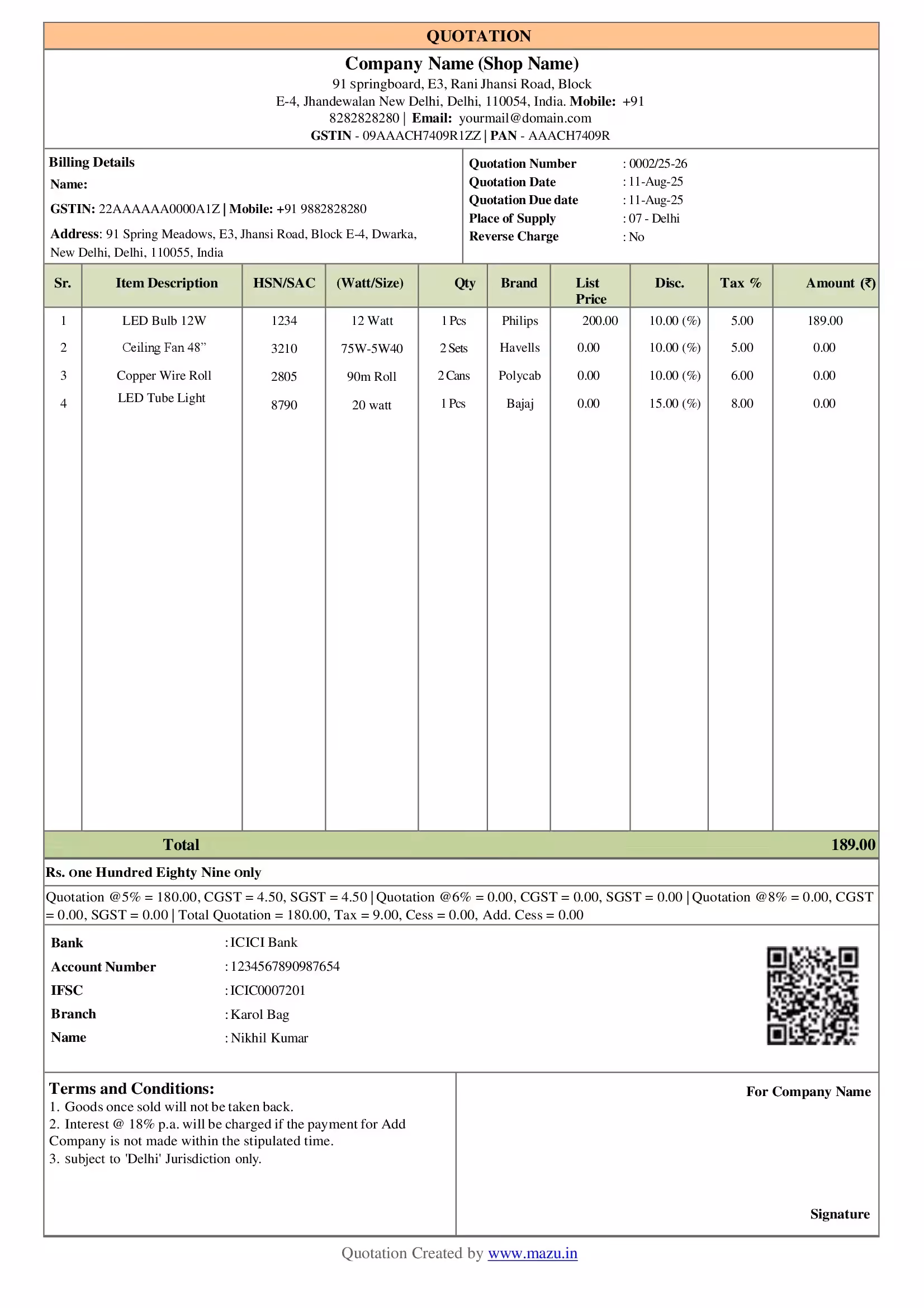 Electrical Store Quotation Template