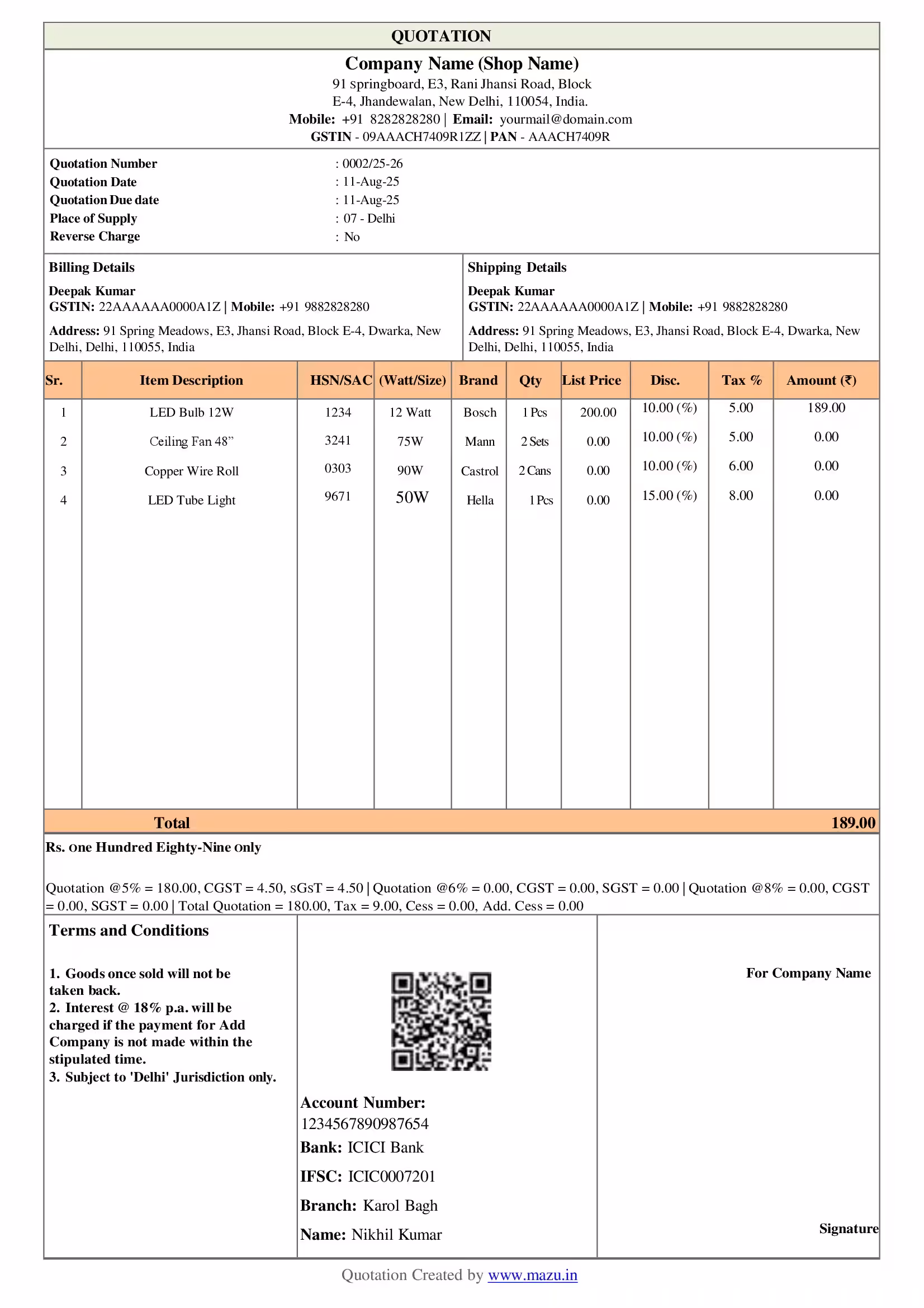 Electrical Store Quotation Template