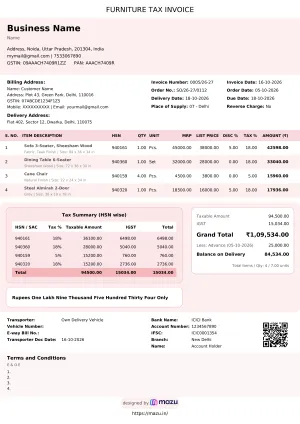 gst bill format in excel, word, pdf for furniture