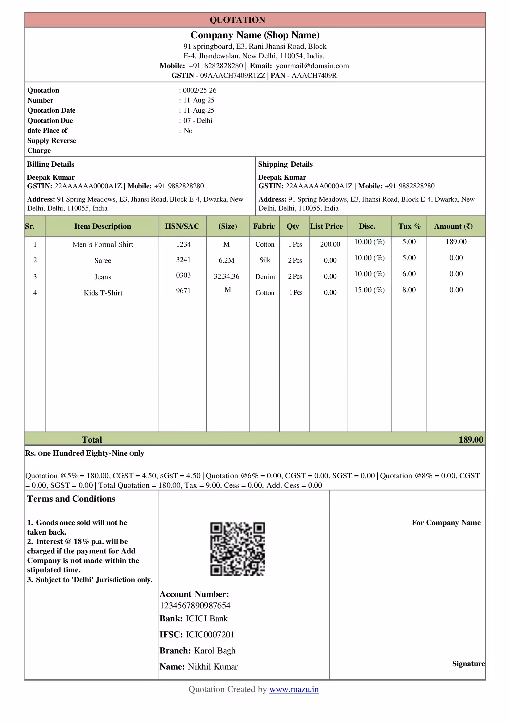 Textile & Garments Quotation Template