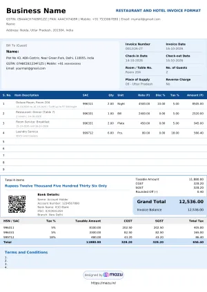 restaurant and hotel tax invoice format		
