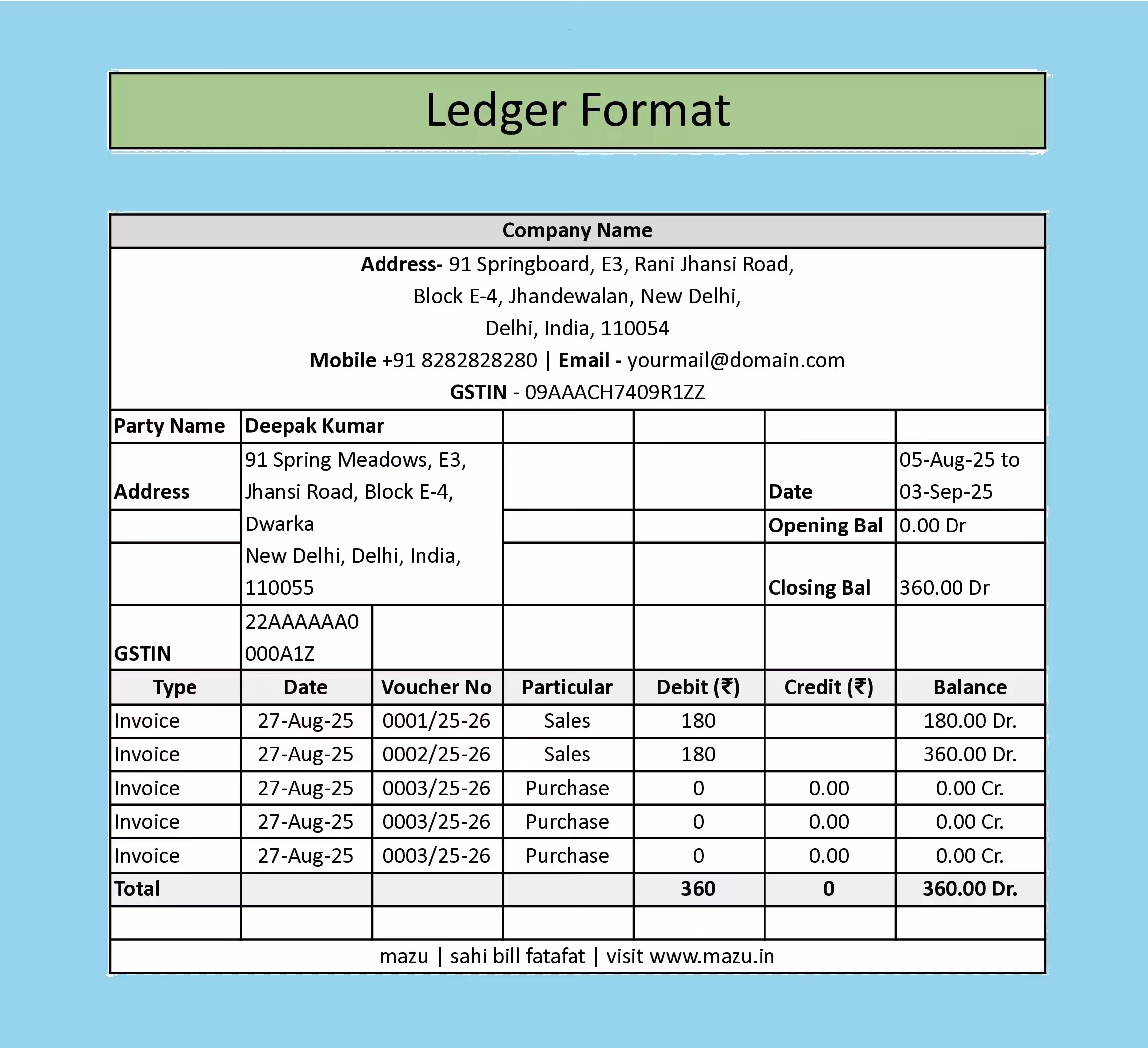 party ledger template in excel, word, pdf free download
