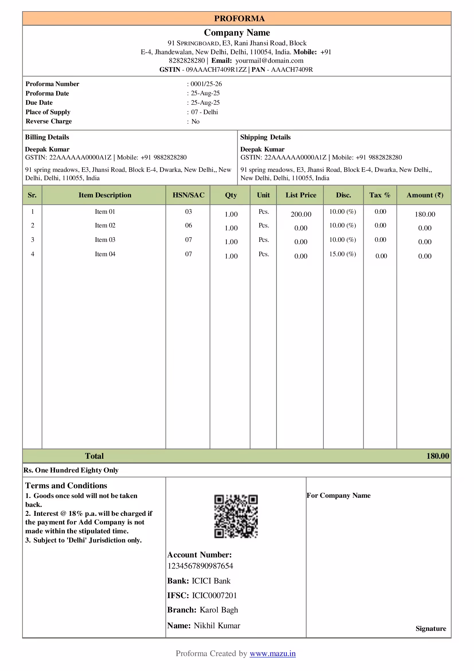 Proforma Invoice template free download