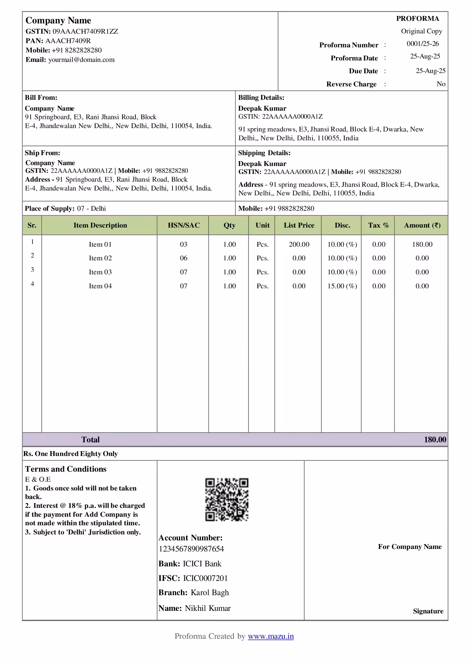 Proforma Invoice format free download