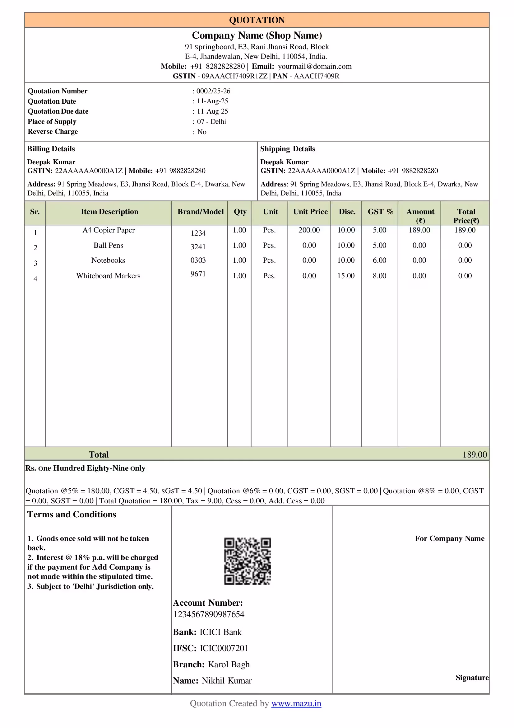 Stationery Quotation Template