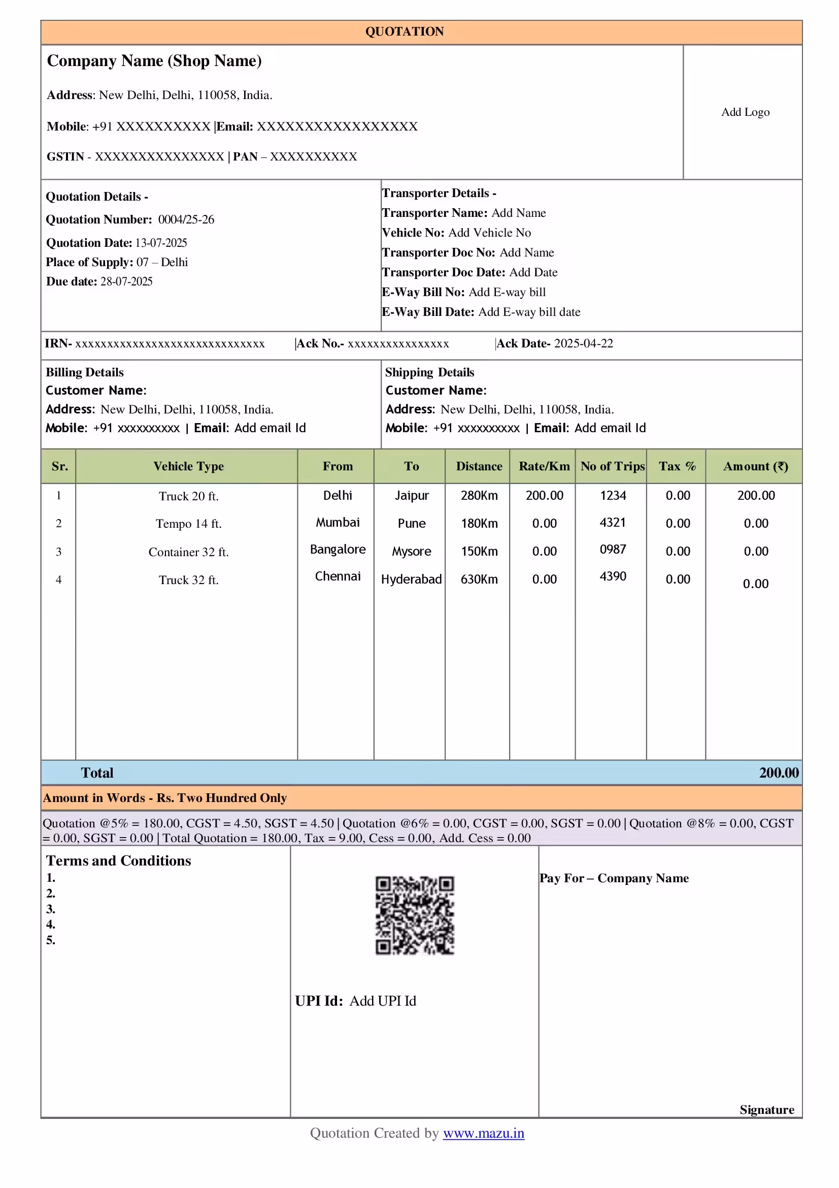 Transport Quotation Template