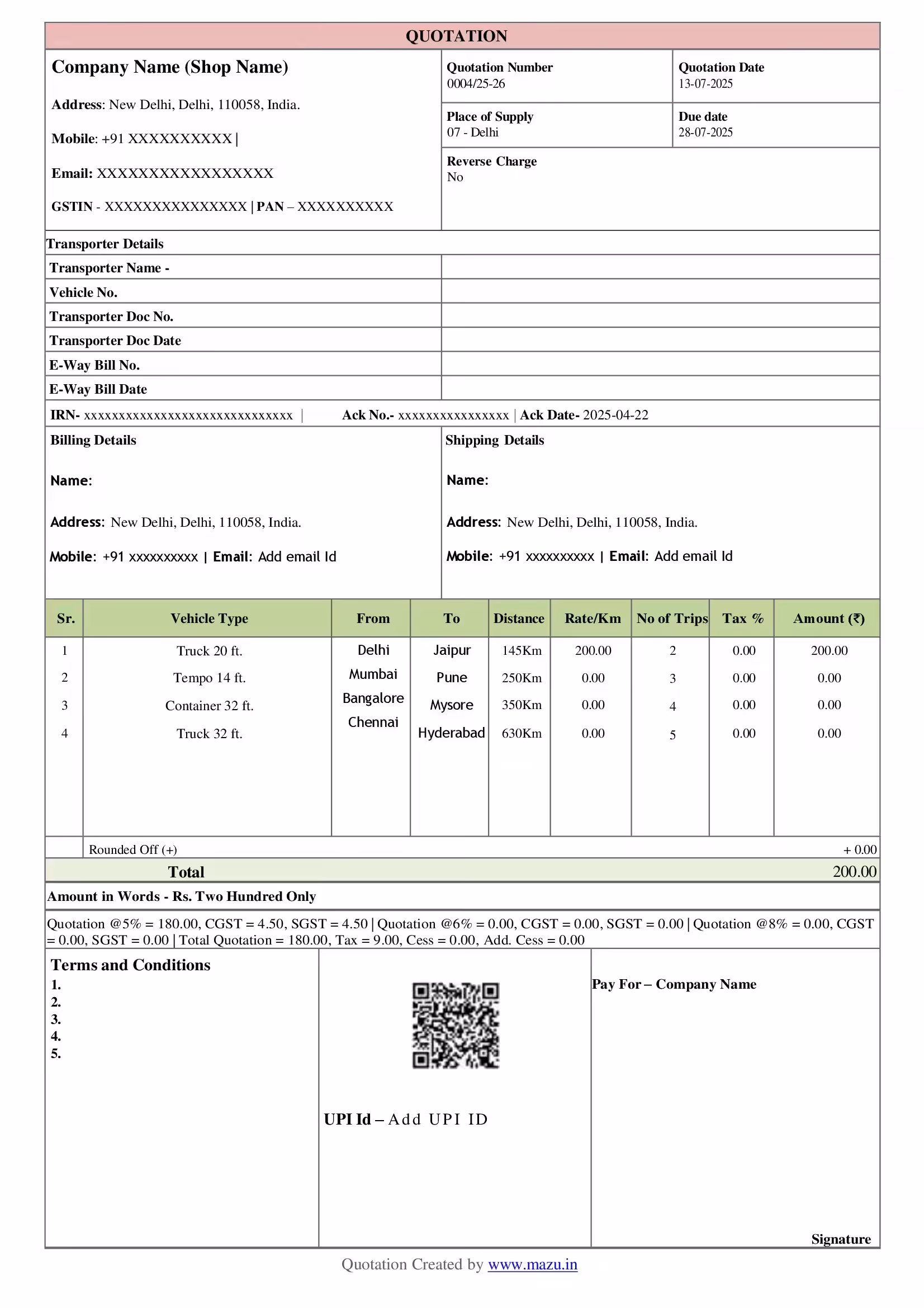 Transport Quotation Template