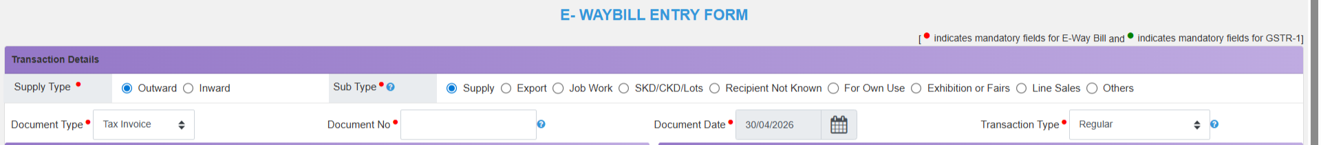 E-Waybill entry form showing the transaction details section with supply type, sub type and document details