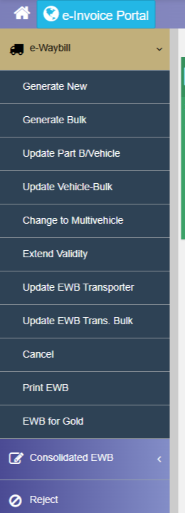 e-Waybill menu on the e-way bill portal with the Generate New option highlighted