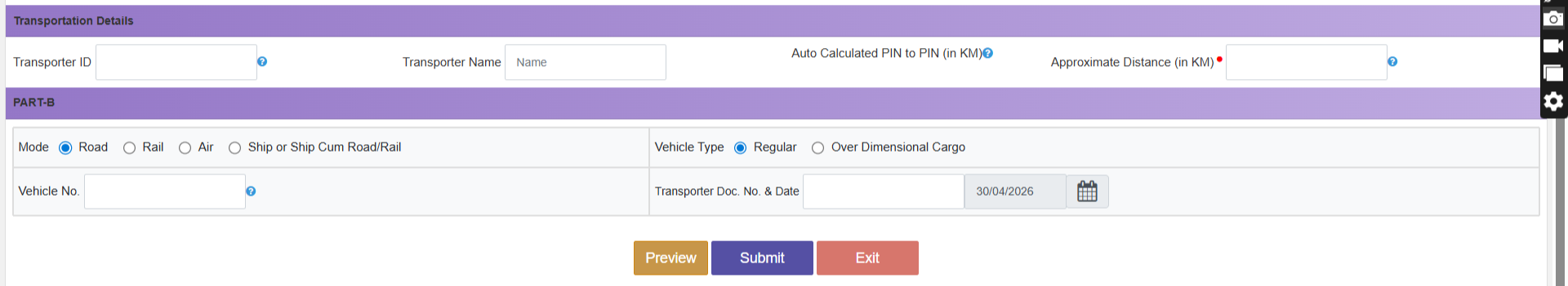 Transportation details and Part-B section with transporter ID, distance, mode of transport and vehicle number