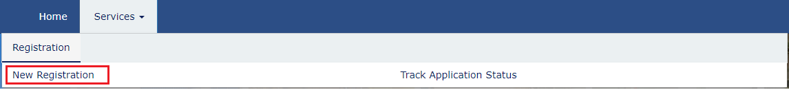 GST portal top menu with Services, then Registration, then New Registration highlighted