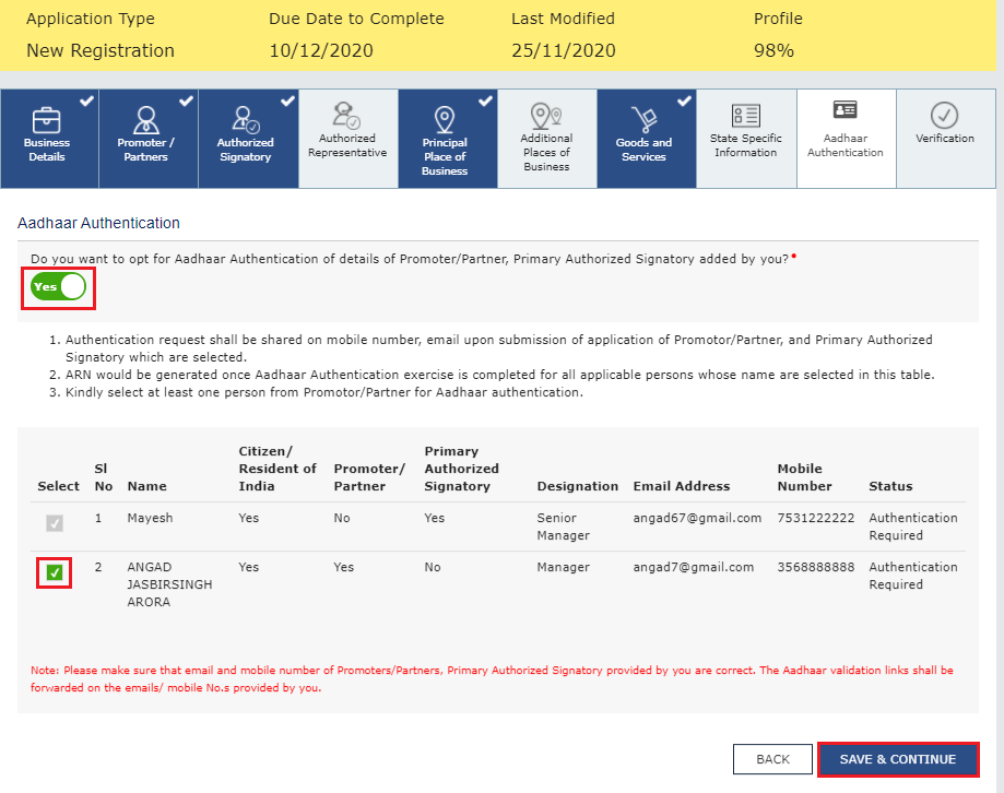 Aadhaar Authentication tab with the opt-in switch set to Yes and the table of promoters and authorized signatories to authenticate