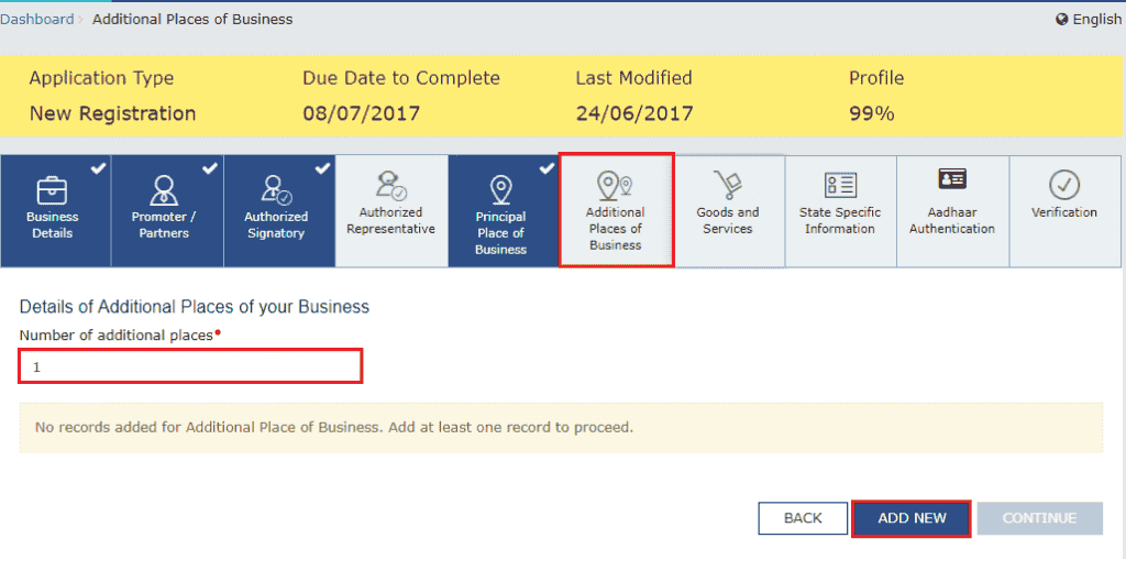 Additional Places of Business tab asking for the number of additional places with the Add New button