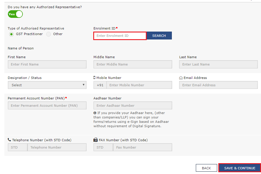 Authorized Representative section with the GST Practitioner option and the enrolment ID search field