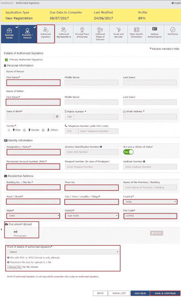 Authorized Signatory tab with the primary authorized signatory checkbox, personal and identity details and proof upload