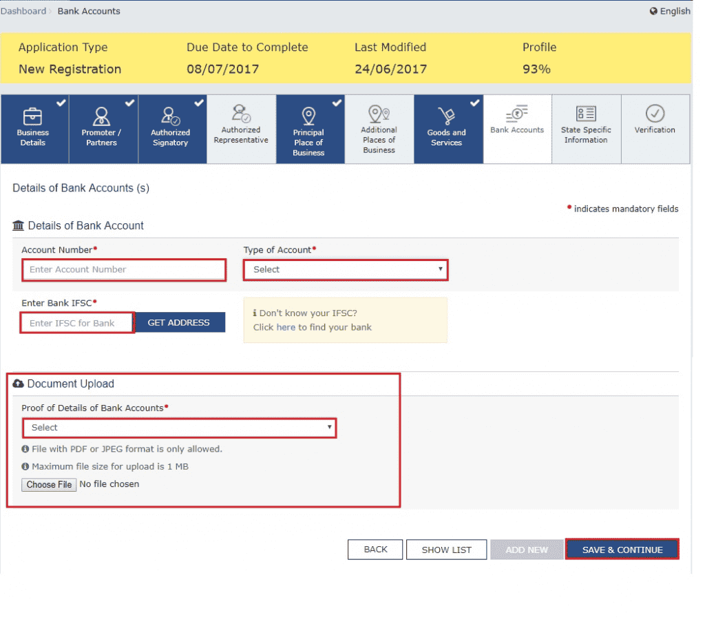 Bank Accounts tab with account number, type of account, IFSC and the proof of bank account upload