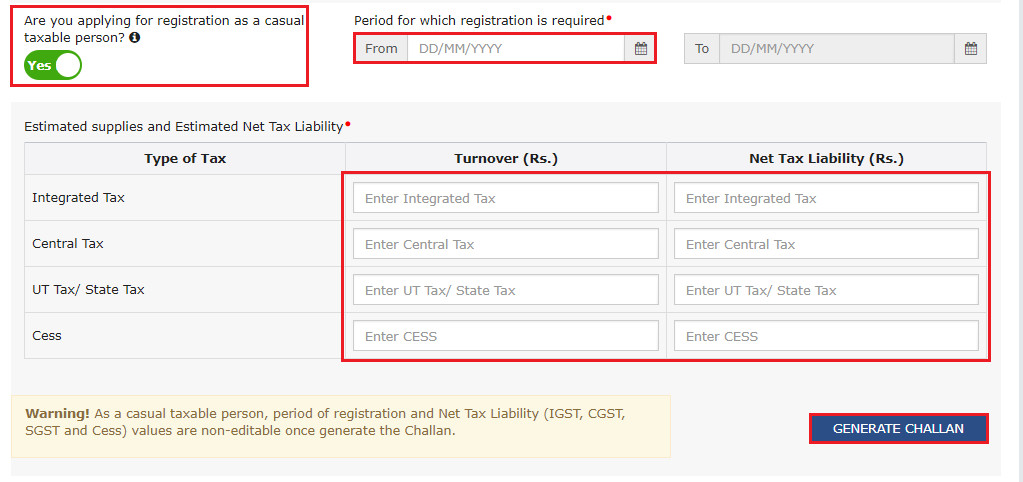 Casual taxable person section with the registration period and the estimated supplies and net tax liability table