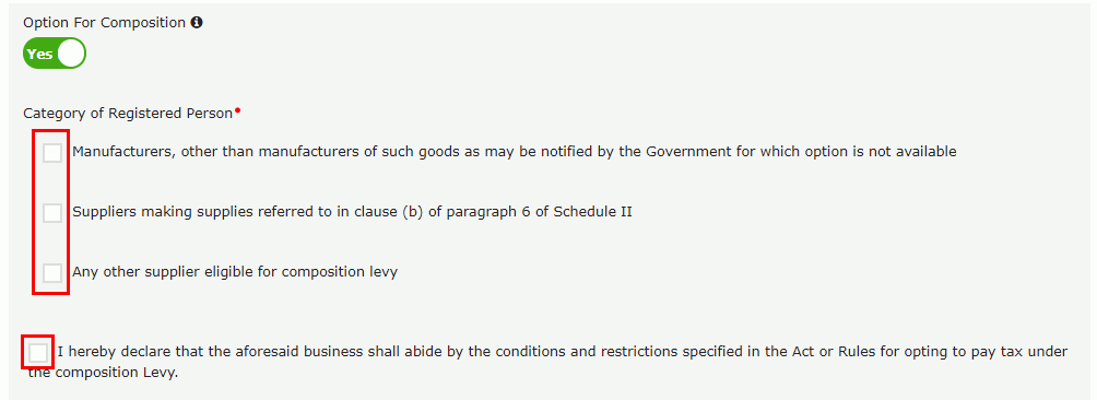 Option For Composition switch set to Yes with the category of registered person choices and the composition declaration