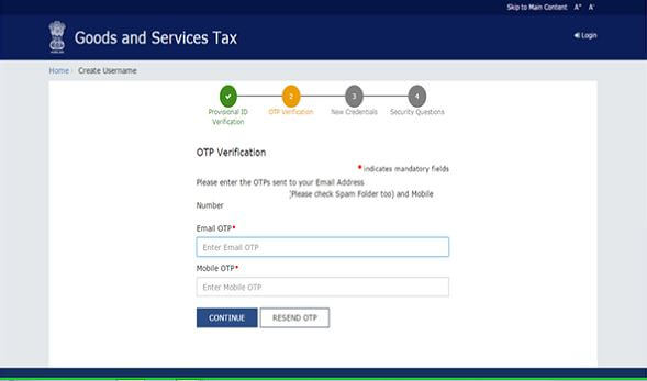OTP Verification screen on the GST portal with separate fields for the email OTP and the mobile OTP