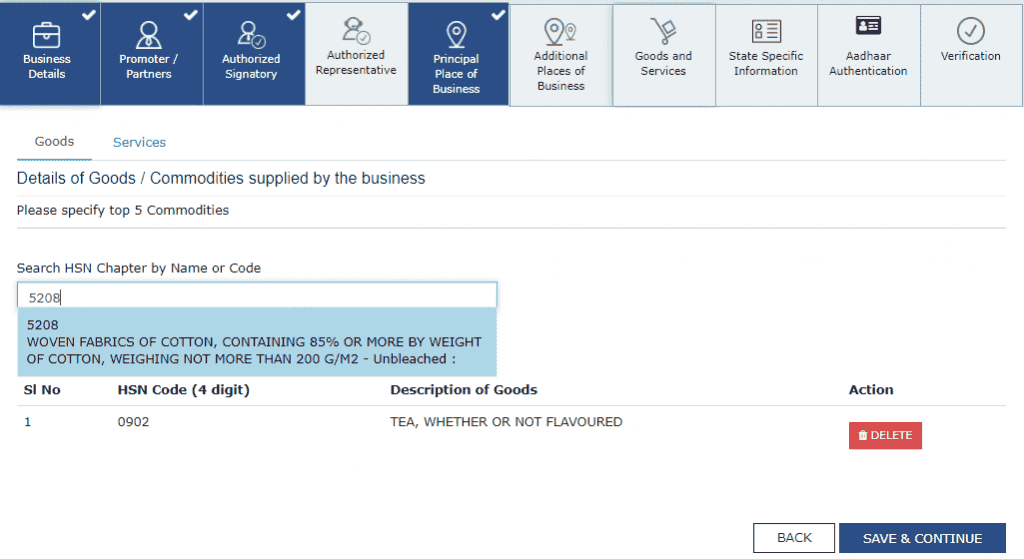 Goods and Services tab with the HSN chapter search and the list of commodities supplied by the business