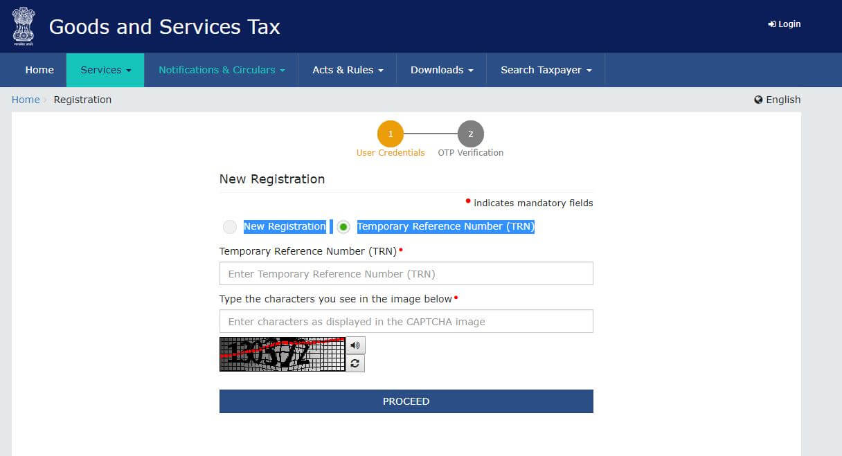 New Registration page with the Temporary Reference Number option selected and the TRN and captcha fields