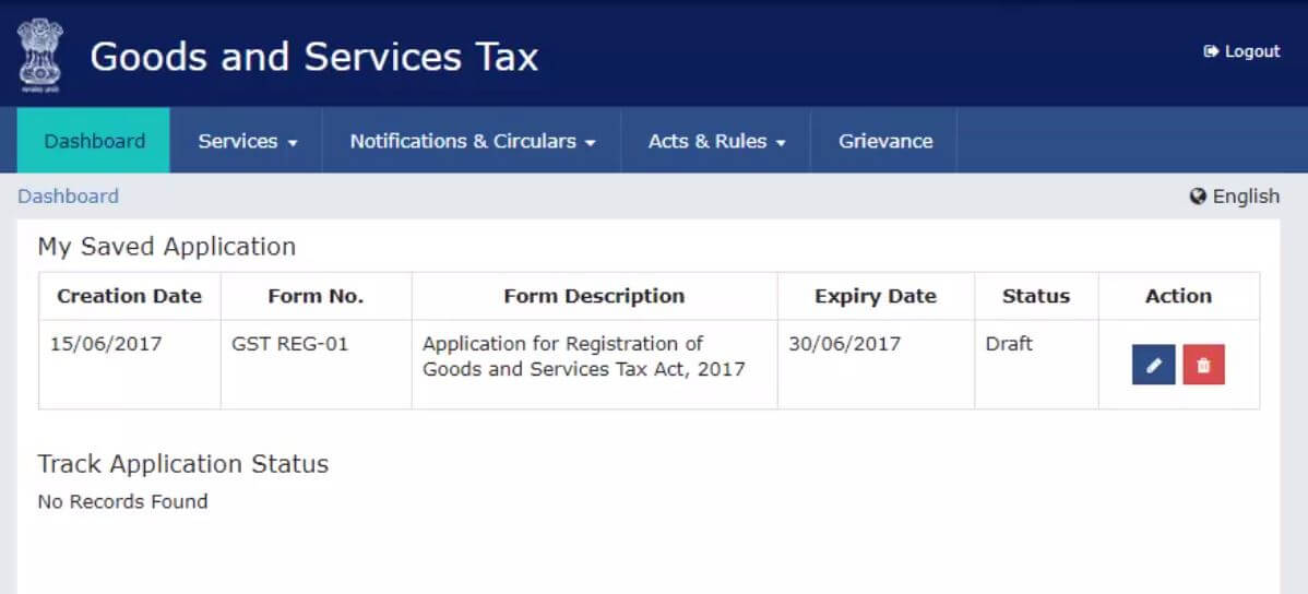 My Saved Application table on the GST portal showing form GST REG-01 in Draft status with the edit icon