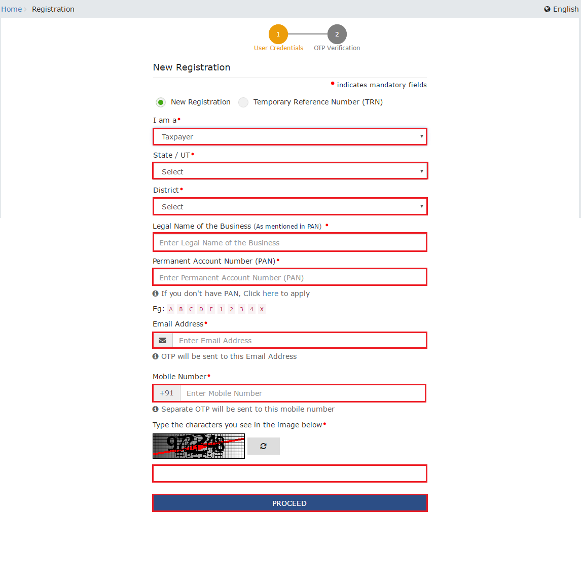 New Registration form on the GST portal with the I am a, state, district, legal name, PAN, email and mobile number fields