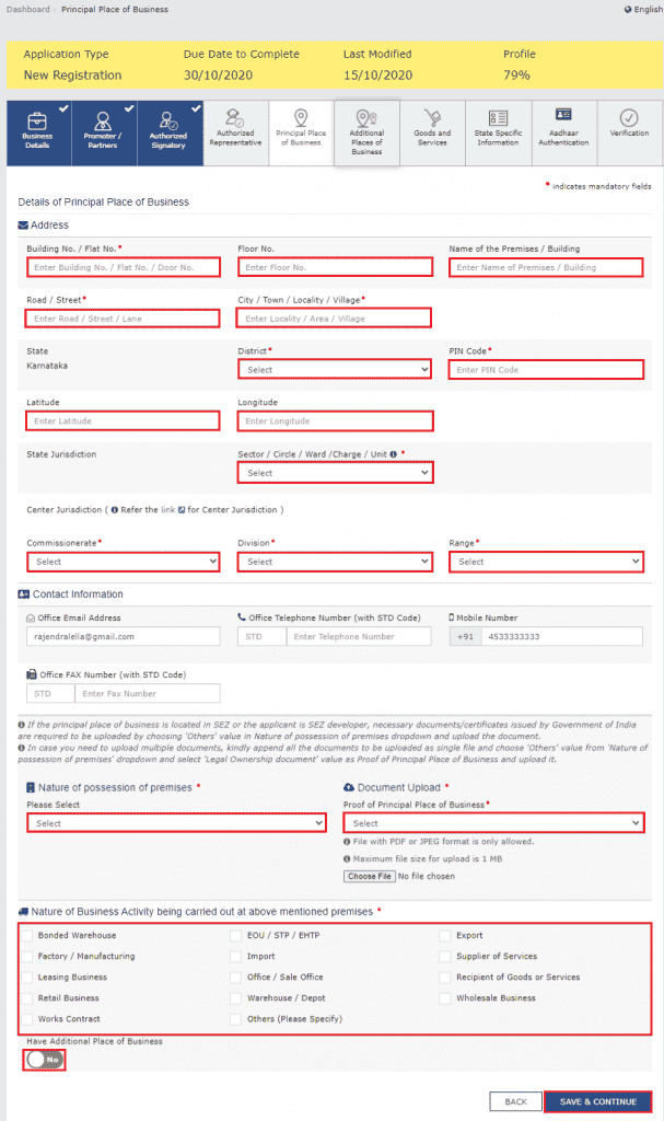 Principal Place of Business tab with address, jurisdiction, contact information, proof upload and nature of business activity