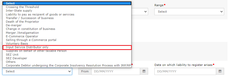 Reason to obtain registration dropdown on the GST portal listing options such as crossing the threshold, inter-state supply and voluntary basis