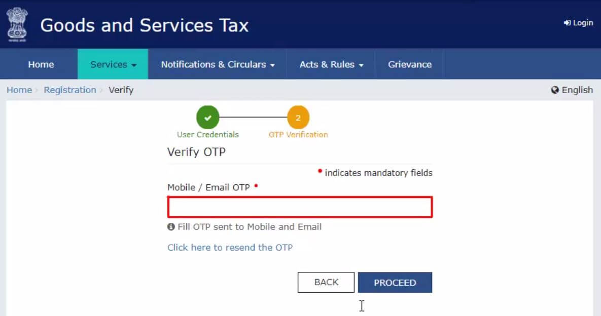 Verify OTP screen for TRN login on the GST portal with a single mobile and email OTP field