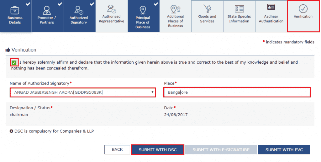 Verification tab with the declaration checkbox, authorized signatory, place and the submit with DSC, e-signature and EVC buttons