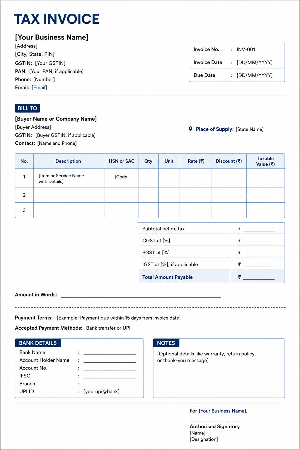 Blank tax invoice template for a small business showing business details, invoice number and dates, Bill To section, item table, GST summary, bank details, notes and authorised signatory