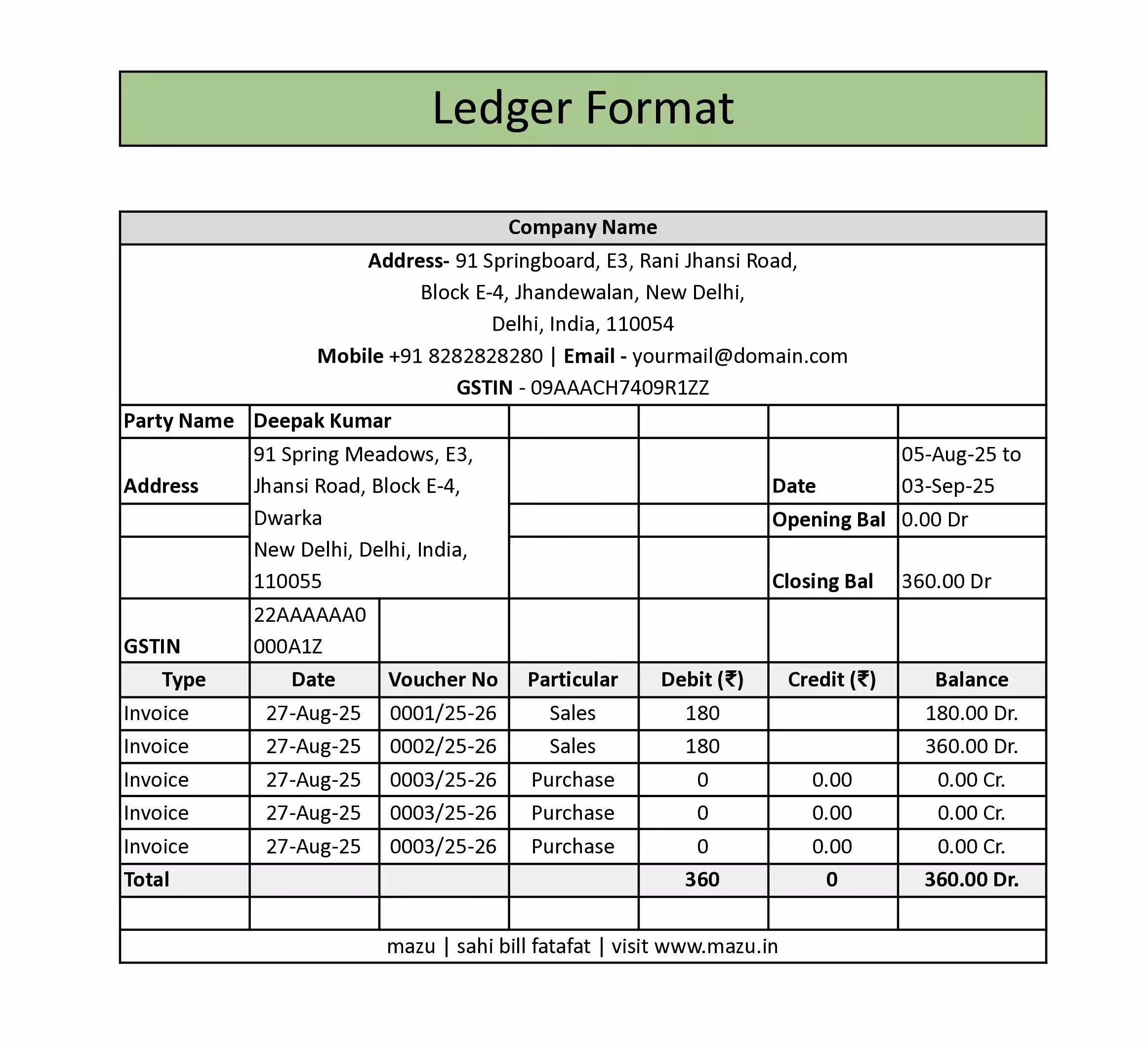 customer ledger Template  