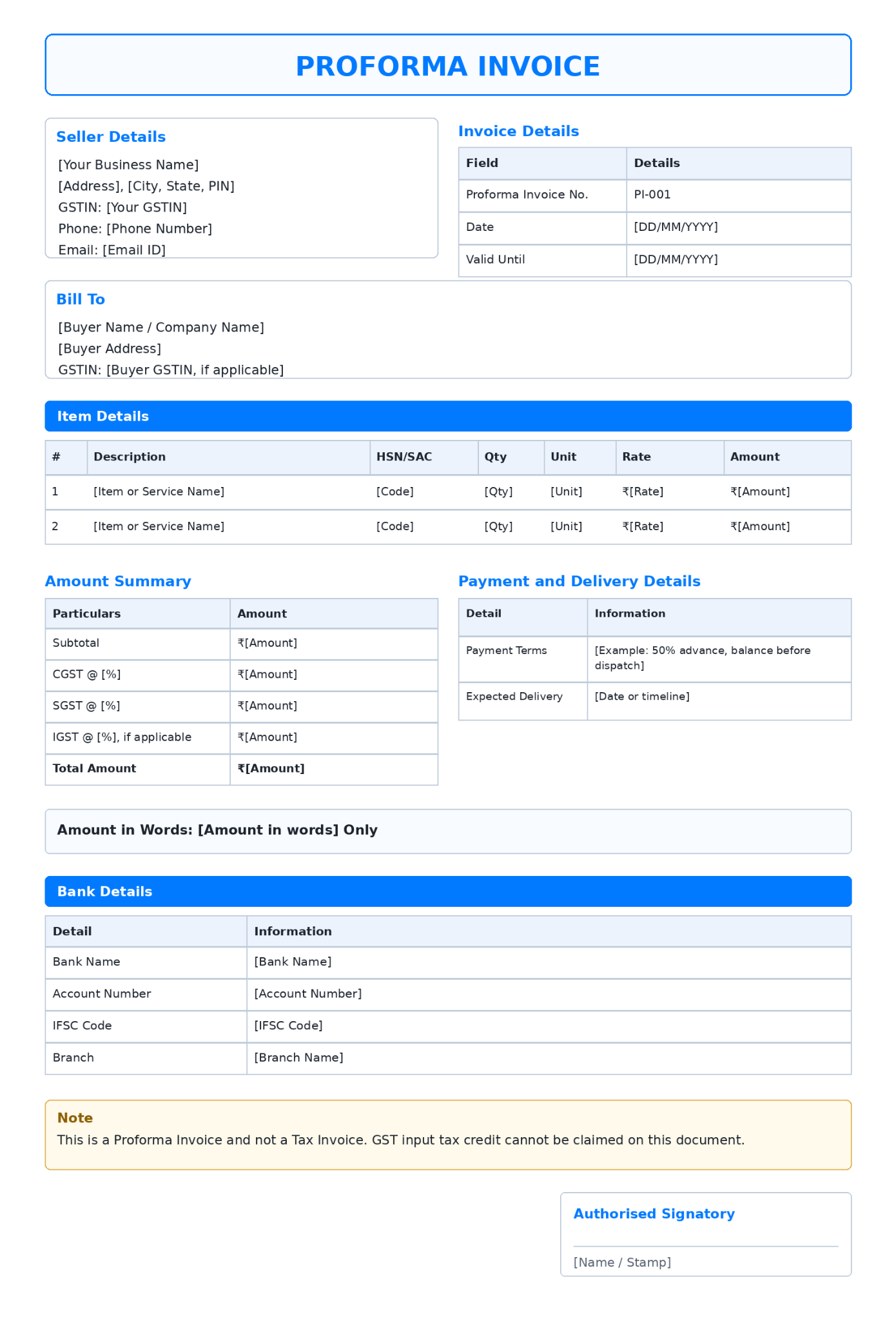 Sample proforma invoice format with seller and buyer details, proforma invoice number, item table, amount summary, payment and delivery terms, bank details and a note that it is not a tax invoice