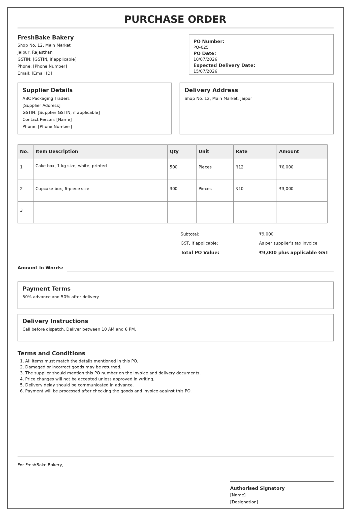 Sample purchase order format for FreshBake Bakery showing buyer and supplier details, PO number and dates, delivery address, item table with quantity and rate, totals, payment terms, delivery instructions, terms and conditions, and the authorised signatory block