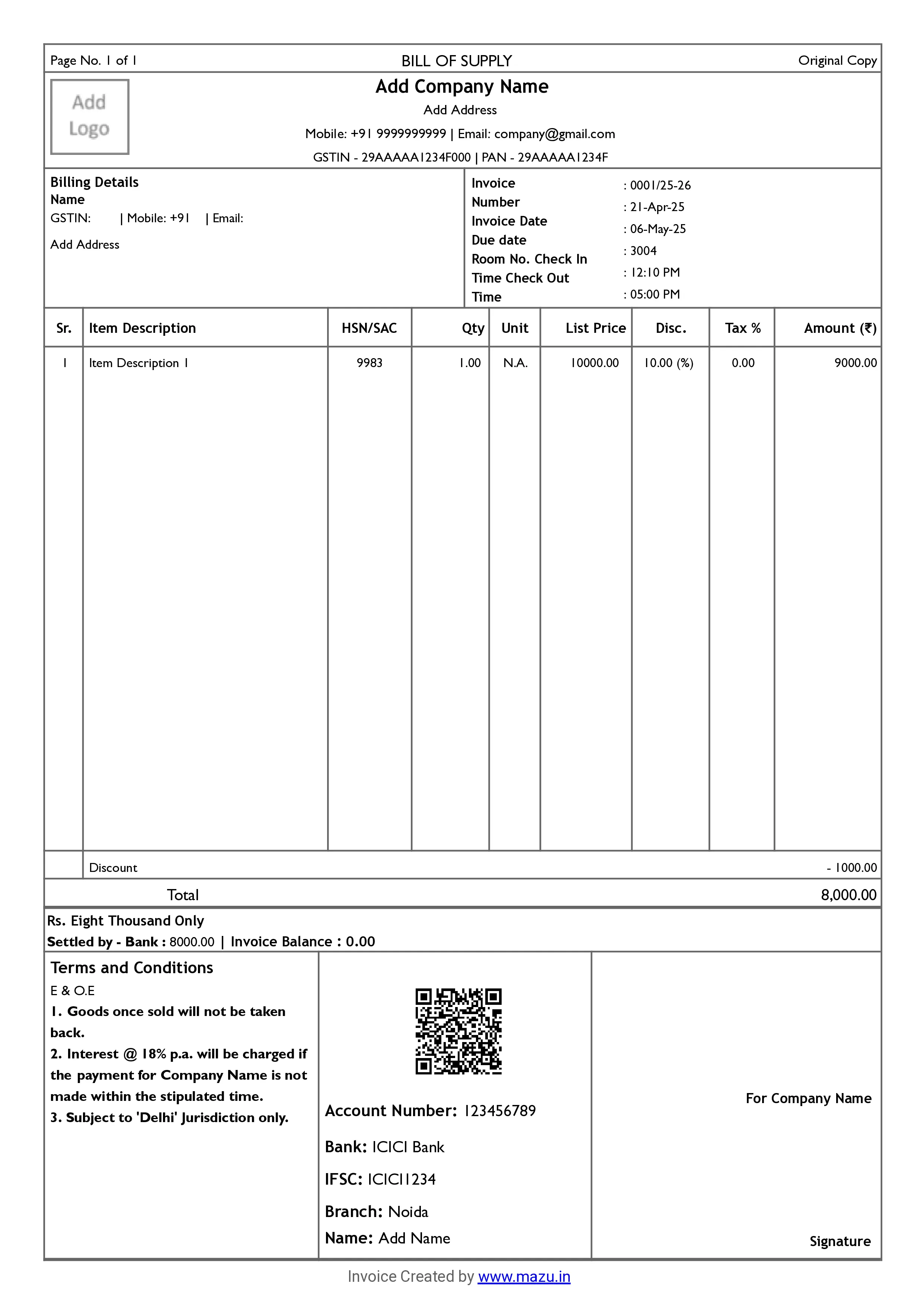 Restaurant and Hotel Invoice Format download word, excel, pdf