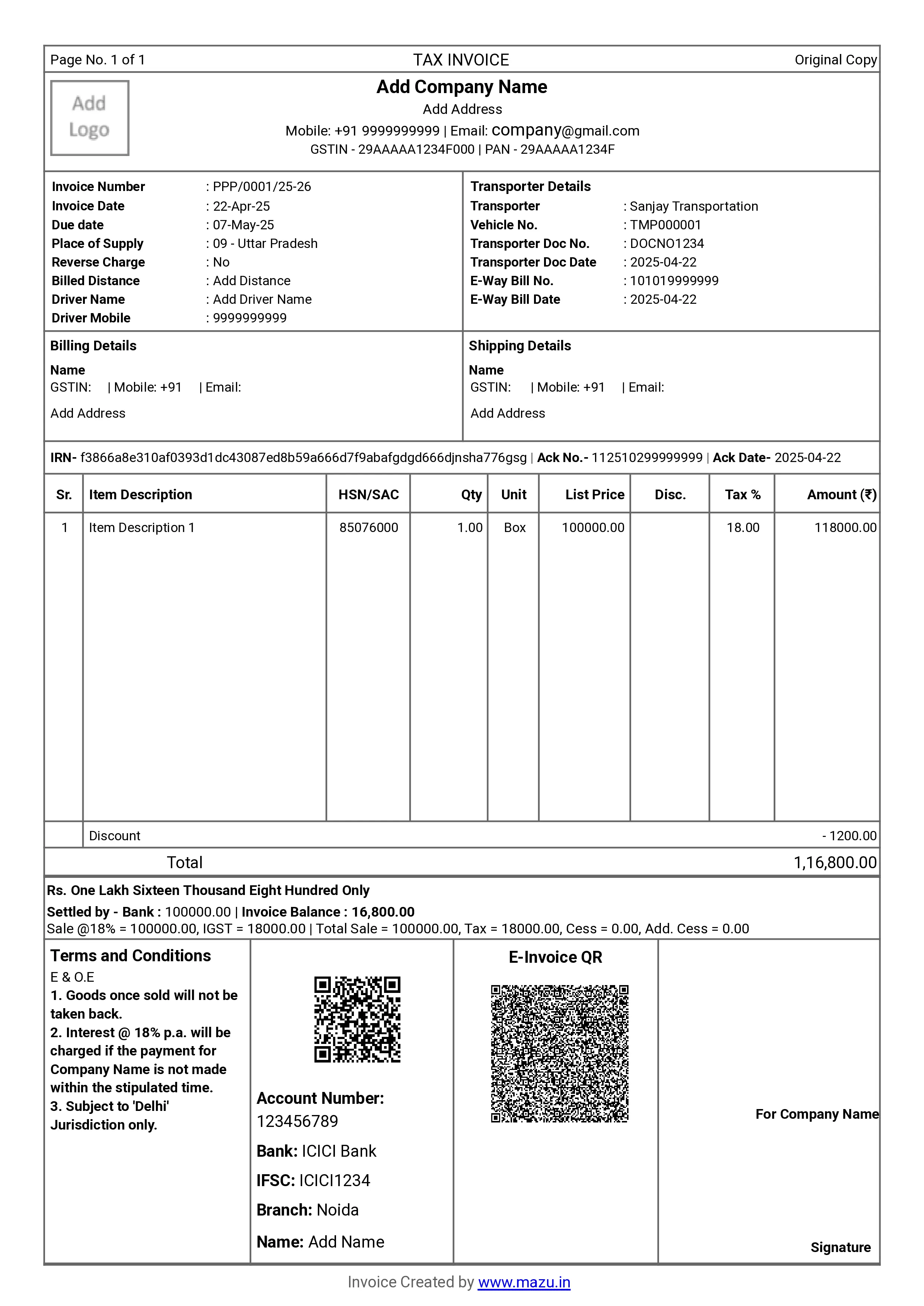 download Transport invoice template in word, excel, pdf