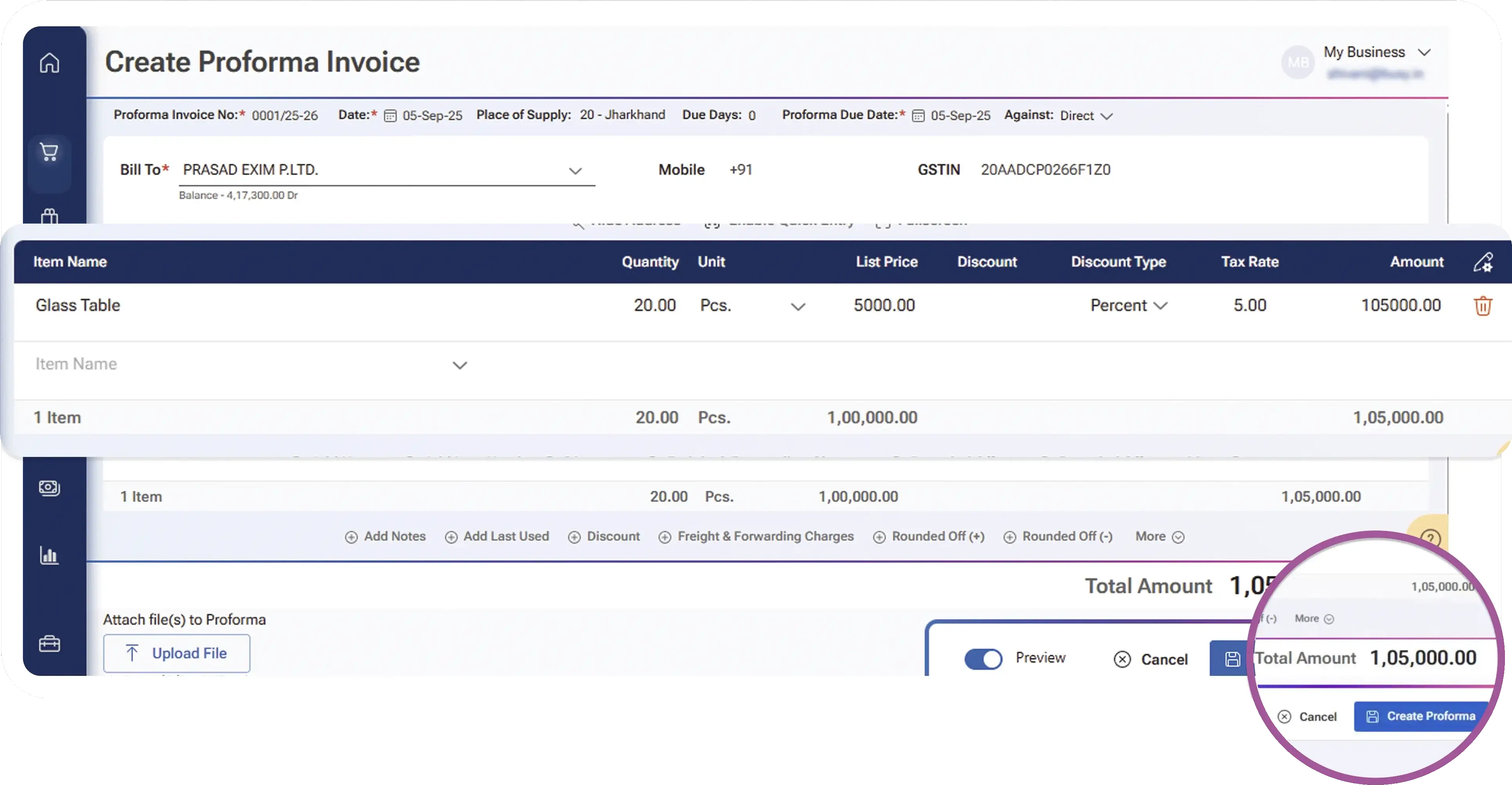 generate & share pro forma invoices via WhatsApp or email