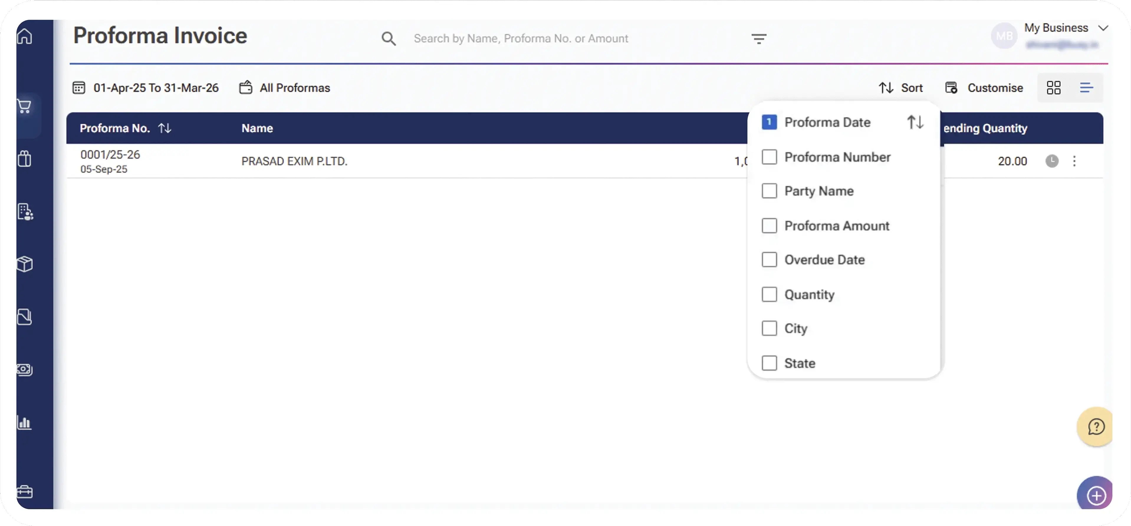 search & filter pro forma invoices by customer, date, status