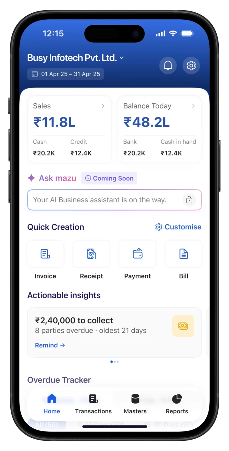 The mazu app dashboard on a phone: sales and balance for the day, Ask mazu, quick creation shortcuts and actionable insights
