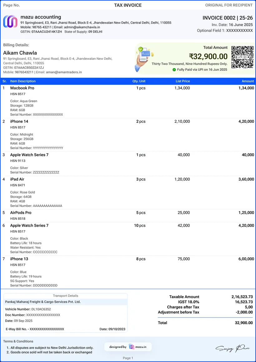 mazu GST invoice template